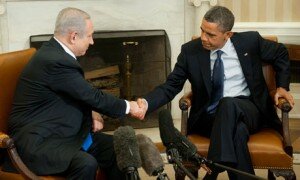Obama shaking Netanyahu's hand